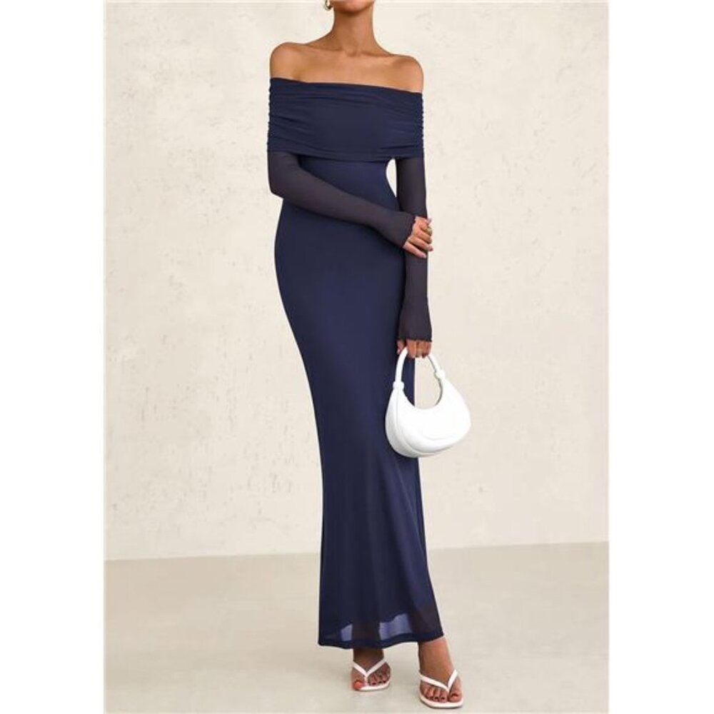 Women Elegant Off The Shoulder Maxi Dress Navy Blue - Picture 3 of 5